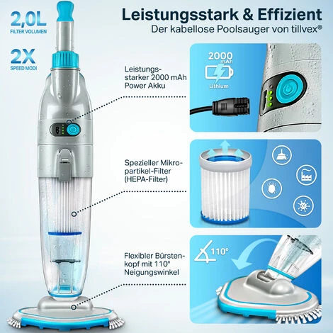 Tillvex Poolsauger Mit Akku Und 3,6 M Teleskopstange - Bis Zu 25 M³ | Pool Bodensauger Elektrisch | Poolreiniger Mit Filter & 2-Geschwindigkeits-System | Handsauger Reinigungsset Kabellos 2 Tillvex Poolsauger Mit Akku Und 3,6 M Teleskopstange - Bis Zu 25 M³ | Pool Bodensauger Elektrisch | Poolreiniger Mit Filter & 2-Geschwindigkeits-System | Handsauger Reinigungsset Kabellos – Bild 2