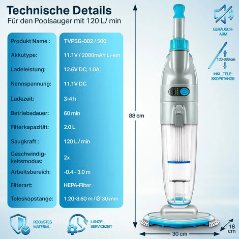 Tillvex Poolsauger Mit Akku Und 3,6 M Teleskopstange - Bis Zu 25 M³ | Pool Bodensauger Elektrisch | Poolreiniger Mit Filter & 2-Geschwindigkeits-System | Handsauger Reinigungsset Kabellos 3 Tillvex Poolsauger Mit Akku Und 3,6 M Teleskopstange - Bis Zu 25 M³ | Pool Bodensauger Elektrisch | Poolreiniger Mit Filter & 2-Geschwindigkeits-System | Handsauger Reinigungsset Kabellos – Bild 3
